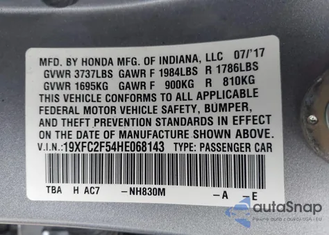 2017 Honda Civic Lx from USA, damaged, VIN 19XFC2F54HE068143
